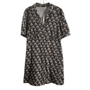 BODEN Black & Cream Printed Short Sleeve V-Neck Midi Dress NWT $149